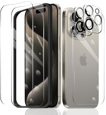 Fylnatc 2×Screen Protector for iPhone 15 Pro + 2×Camera Lens Protector + 1×Back Tempered Glass Film + 1×Installation Frame, 9H Hardness Case Friendly HD Clear Scratchproof Impact Protection
