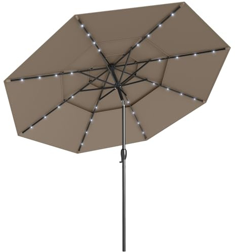 GYMAX Ombrellone da Giardino 3x3 M, 32 Luci con Pannello Solare, con 8 Stecche, Manovella, Palo in Metallo, Inclinazione di 35°, per Spiaggia, Patio, Mercato, Piscina (Marrone)