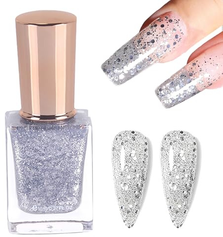 Clear Glitter Nail Polish - Clear Nail Varnish Quick Dry - Highly Shiny & Chip Resistant Shimmer Nail Polish - Glitter Top Coat nail polish for DIY Nail Art, No Need UV Lamp