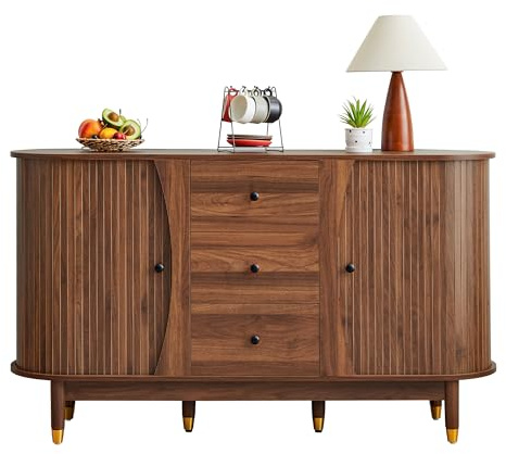 Bifins 55inch Sideboard Buffet Cabinet with Drawer,Oval Curved Sideboard with Tambour Sliding Door,Walnut Buffet Storage Cabinet for Dining Room Living Room Entryway