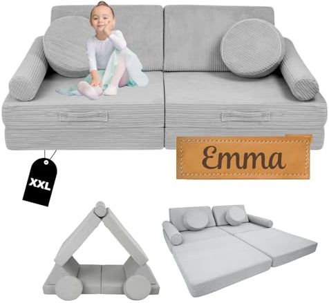 Flumi Modulares Kindersofa/Spielsofa, 10-teiliges Schaumstoff Sofa für Kinder und Erwachsene, mit Namensschild, vielseitig kombinierbar, waschbare Bezüge (Cord, Grau)