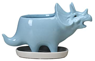 Licsaliwe Jardinière succulente de Dinosaure en céramique, Pot de Fleur Triceratops avec Plateau Drainage pour Plantes Cactus (Bleu)
