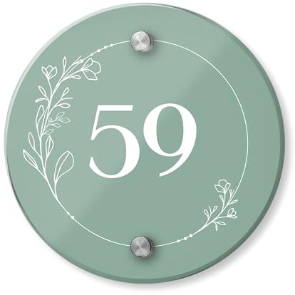 Personalised Acrylic House Sign with Floral Border Design | 150mm Round Address Plaque | Custom Printed Door Number | Weatherproof Outdoor Home Name Plate (Moss Green)