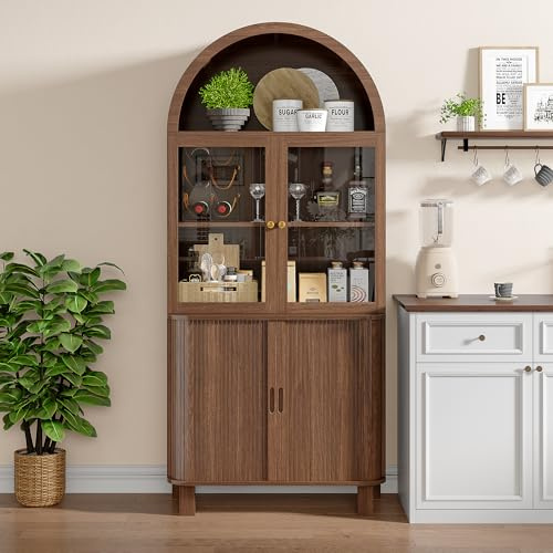 69 Tall Kitchen Pantry Storage Cabinet with Sliding Door, Modern Curved Edge Pantry Storage Cabinet with Glass Door & Adjustable Shelves, Walnut Cupboard for Kitchen, Dining Room, Living Room, Office