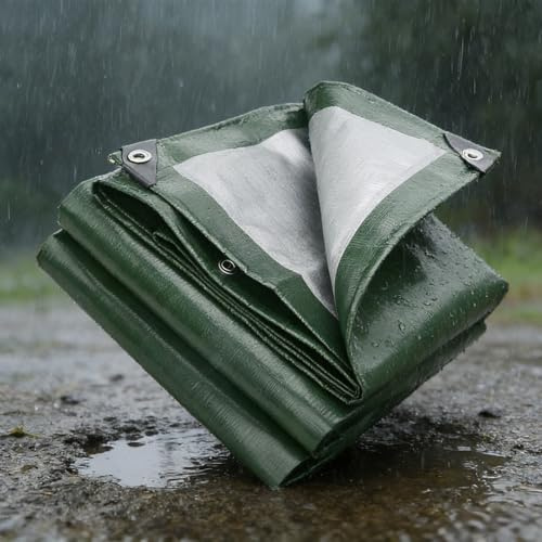 Tarpaulin Waterproof 1.8 x 1.8 m Heavy Duty, Pe Material, Waterproof Tarp Ground Sheet Mesh with Eyelets, Reinforcement Edge for Car, Pool, Caravan, Garden, Green