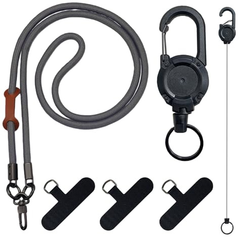 TESGADGETS Anti-theft Phone Strap, retractable phone holder with belt clip, phone lanyard with steel wire, for travel, hiking, work and music festivals (Grey Black)