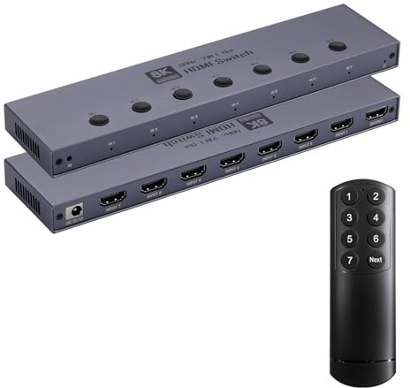 Commutateur HDMI 2.1 8K 2026, commutateur HDMI 2.1 7 en 1 prend en charge CEC 8K @ 60 Hz, 4K @ 240 Hz, 1080p @ 480 Hz HDCP 2.3 HDR Dolby Atmos VRR Compatible avec PS5 Xbox Lecteur Blu-Ray avec