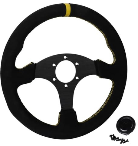 Steering Wheel 330mm Flat Suede Aluminum Frame 13 Inch Compatible With Universal Drift Racing Pc Game Controllers(6028BK-MS-YL-YL)