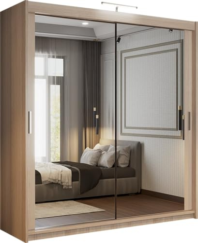 SLIDING WARDROBE 4U Double Mirrored Sliding Door Wardrobe with LED Light, Freestanding Bedroom Wardrobe, Customizable Interior, 90/100/120/150/180/203/250cm, MDF Chipboard (Oak, 150cm)