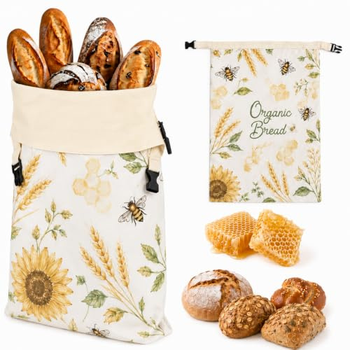 La Maison de Louise Sac a Pain Réutilisable avec Tissu en Coton, Revêtement à la Cire d'Abeille et Boucle de Fermeture pour Ranger Pain, Produits Secs, Cuisine, Voyage et Pique-Nique (Formule 2)