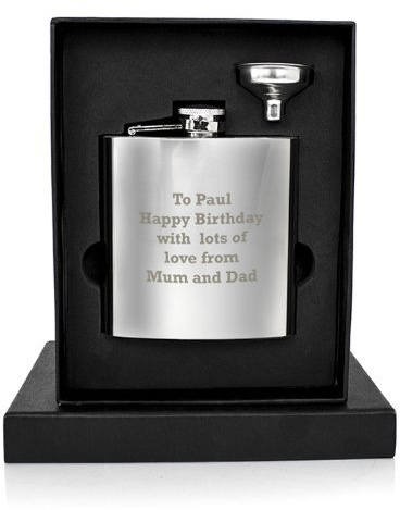 Custom Personalised Stainless Steel 6oz Hip Flask. Engraved with Rockwell font. Great for Him, Birthday, Anniversary, Wedding, Father's Day