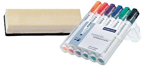 STAEDTLER 351 WP6 Lumocolor Whiteboardmarker, 6 Stück in aufstellbarer Box, farblich sortiert 6 Marker + Löscher, Nature aus Holz