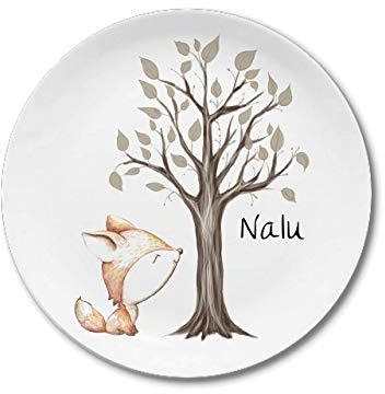Kinderteller mit Namen, Name Kindergeschirr Waldtiere,Kinderteller mit Namen Fuchs mit Blumen Teller Nalu