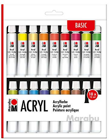 Marabu 1210000000202 - Set di colori acrilici con 18 colori da 12 ml, colori acrilici opachi a base d'acqua, per telai, cartone da pittura, carta e legno, ad asciugatura rapida