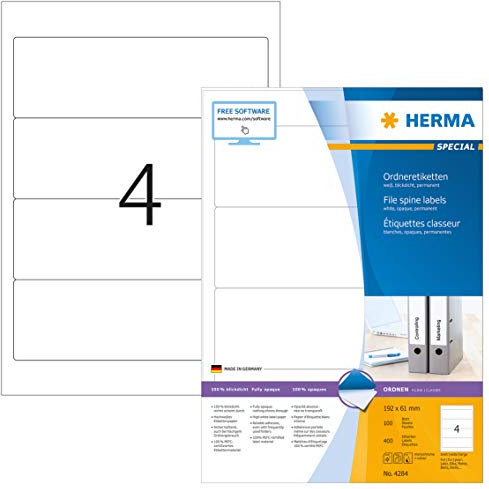 HERMA Rückenschild, selbstklebend, breit/kurz, 61 x 192 mm, weiß (400 Stück), Sie erhalten 1 Packung á 400 Stück