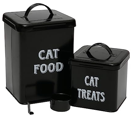 Morezi Pet Food and Treats Containers Set with Scoop for Cats or Dogs - Cream Powder-Coated Carbon Steel - Tight Fitting Lids - Storage Canister Tins - Cat Food - Black