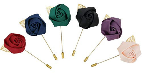 Anstecknadel Brosche Herren,6er Pack Lange Brosche Ansteckblumen Satin Blume Boutonniere Handgemachte Mini Rose Handgefertigt Revers Pin mit Blattgold für Herren Anzug Hochzeit Bräutigam 6 Farben