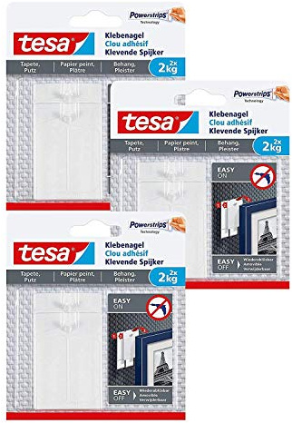 tesa 77776-00000-00 Klebenagel für Tapeten und Putz/Selbstklebende Nägel für empfindliche Oberflächen/Leicht anzubringen und zu entfernen-rückstandslos / 2 x 2kg Halteleistung, 2 Kg, 2 Stück (3)