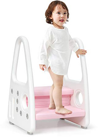 COSTWAY Sgabello a 2 Gradini per Bambini, Scaletta Alzabimbo Antiscivolo, in Plastica, Adatta per Cucina Bagno, Capacità di Carico 50kg (rosa)