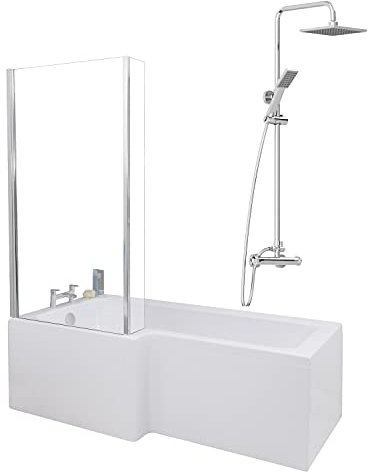 1700 x 855mm Left Hand L Shaped Shower Bath Bathroom Bathtub Glass Shower Screen Front End Panel & Thermostatic Mixer Shower Set Handheld Chrome Square Rainfall Head