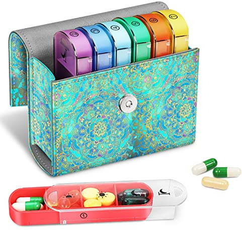 FINPAC Tablettenbox 7 Tage 4 Fächer - Pillendose 4 mal am Tag | mit Kunstleder Tasche und Namenskarte Medikamentenbox für Pillen Vitamin Fischöl für Morgens Mittags Abends Nachts, Jade