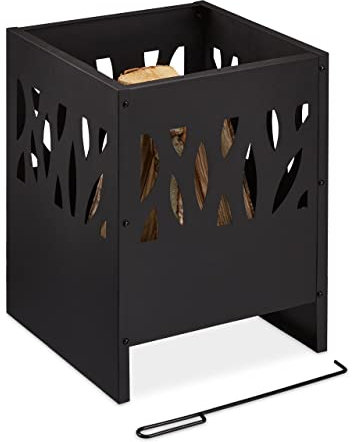 Relaxdays Feuerkorb, Feuerstelle mit Schürhaken & Feuerrost, HBT 53 x 40 x 40 cm, Feuerschale Garten & Terrasse, schwarz