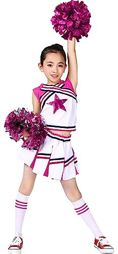LOLANTA Mädchen Karneval Kostüm, Cheerleader kleid mit Pompoms und Socken, Mittelschule Cheerleading Uniform, Rosa, 8-9 Jahre, 140