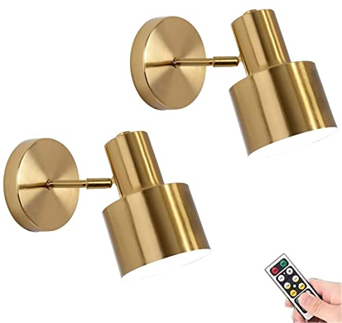 KEFA Modern Battery Operated Wall Sconces Set of 2, Not Hardwired Brass-Gold Wall Lights Fixture with Dimmable LED & Remote, Wireless Small Wall Lamp for Bathroom Basin, Dresser, Bedroom, Living