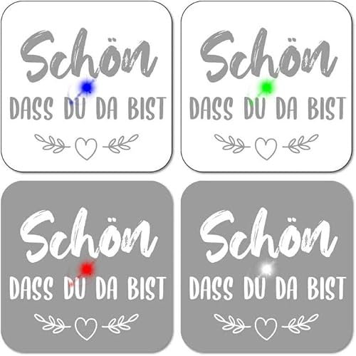 LED-Untersetzer Schön DASS du da bist 4er Pack inkl. 8 Stück Batterien - LED in 4 Farben weiß – blau – rot – grün