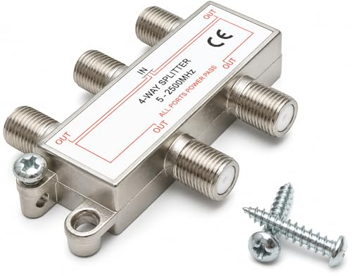 DRUT TV Splitter F-Type Screw-on Connectors RF Coaxial Cable Adapter, Passive Wideband Signal, 5-2500Mhz (4 Way)