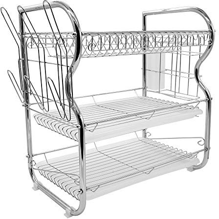 KEVO Scolapiatti a 3 livelli Scolapiatti per stoviglie Forniture per la cucina Porta portaoggetti Scolapiatti con bacchette/portabicchieri, 42 x 25 x 43,5 cm (argento)