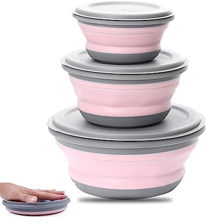 Jrhncy Faltbare schüssel-3Stück Silikon Tragbare Faltbare Schüssel Camping Frischhalteboxen Runden Frischhaltedose, faltschüssel mit deckel,für Camping Wandern Küche Schule im Freien