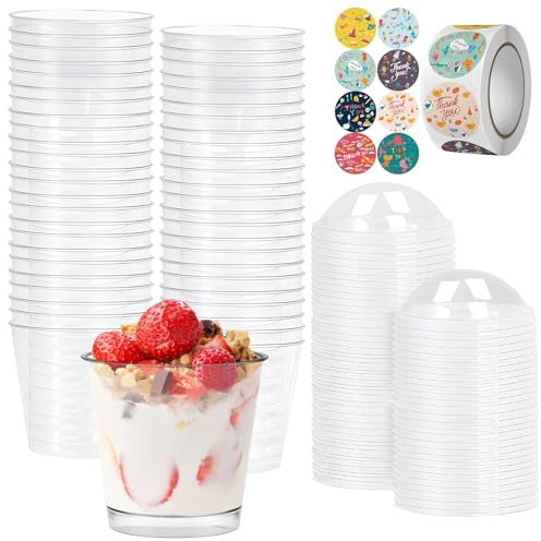 YancLife 50 Stück Mini Dessertbecher, 210 ml Desserttöpfe mit Wiederverwendbare Deckel, Aufklebern, Durchsichtige Kleine Becher, Servier Dessertschüssel für Hochzeit, Geburtstagsfeiern, Käsekuchen | Wiederverwendbare Durchsichtige Kleine Becher, Servier Dessertschüssel für Hochzeit, Mousse, Geburtstagsfeiern, Käsekuchen