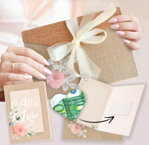 Geldgeschenkkarte zur Hochzeit - Festliches XXL Stoff Geldumschlag + Karte im Set - Romantisch, rustikal und idyllisch steife Clutch-Tasche in Leinenoptik mit wunderschönen Verzierungen