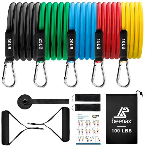 Beenax Resistance Bands Set with Handles - Heavy Duty 12pcs Exercise Bands, Up to 100/150/200/250 LBS - Fitness Training Tubes for Home, Gym, Physio - Handles, Ankle Straps, Door Anchor, Carry Bag