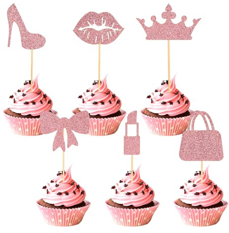 24pcs Princess Cupcake Toppers, Glitter Pink Cupcake Decoration Lipstick High Heel Crown Lip Handbag Bow Cake Topper for Birthday Wedding Baby Shower Bachelorette Party Supplies