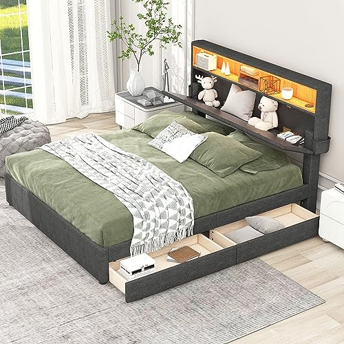 MQLAE Doppelbett 140x200cm, Polsterbett, Kopfteil Bett mit Aufladen USB und LED-Beleuchtung, Funktionsbett mit Zwei Schubladen Stauraum, Verstellbares Kopfteil, Stauraumbett, Grau