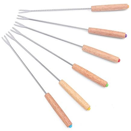 6 Pcs Fondue Gabeln Edelstahl Fonduespieße Fondue Gabel mit Eichenholzgriffen Lange Käsefonduegabeln für BBQ, Kuchen, Schokolade, Früchte und Käse Fondue 24 cm