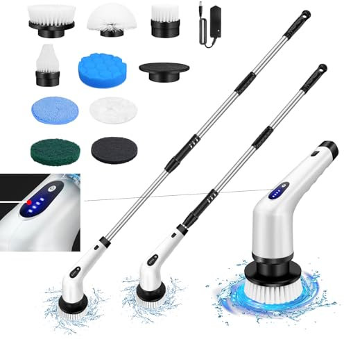 VickyHome Power Cleaning Brush with 10 Replacement Brushes, 10 in 1 Bathroom Cleaning Brush 360°Electric Rechargeable Scrubbing Brush with 120CM Adjustable Extension Long Handle