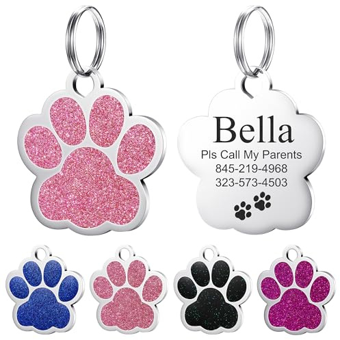 YEHANTI Medaille Chien avec Gravure Personnalisée, Médaille Chien en forme de Patte Pailletée, Medaille Pour Chien en Acier Inoxydable avec Prénom Adresse Tel Gravés (Rose)