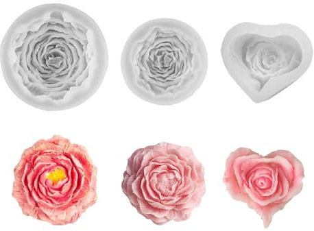 3 stycken ljusformer silikon hjärta ros pion silikonformar gjutformar ljus ljusformer för vattning blommor 3D silikon gjutform lämplig för mors dag/fars dag/födelsedag/jul