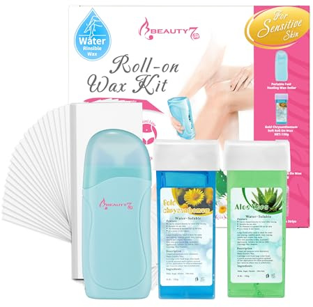 Beauty7 Kit Ceretta Roll-On Riscaldatore con Cartucce di Cera Roll on Aloe Vera e Camomilla, 100pcs Strisce di Cera non Tessute, Kit di Cera Roll on Portatile e Stabile al Calore