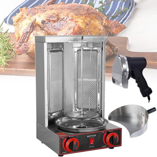Beachtiful Máquina Parrilla Kebab Vertical a Gas Gyro Rotisserie Horno Asador de Carne 2 Quemadores Cuerpo de Acero Inoxidable para el Hogar Restaurante Cocina,Pan+Knife