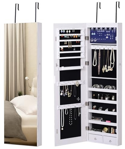 HOMCOM Armoire à bijoux, miroir bijoux, rangement bijoux avec LED, multi-rangements, verrouillable, à fixer sur porte ou mur - 37x10x120cm, effet bois grisé