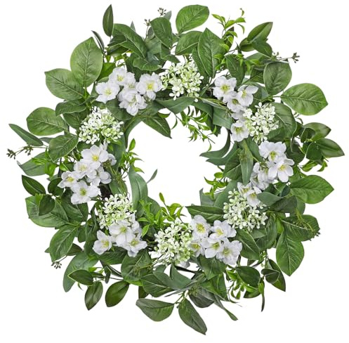 Briful Künstlicher Türkranz 60 cm – Eukalyptus & Weiße Blüten – Frühlingskranz für Haustür, Wand & Kamin – Handgefertigter Dekokranz aus Kunstpflanzen für Innenbereich, Ganzjährig