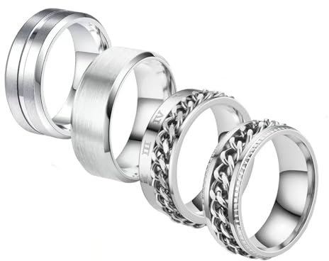 Bishilin Ringe Set Männer, Herren Ringe Edelstahl 8MM Matt und Drehbar Kette Ringgröße 65 (20.7), Partnerringe Freundschaftsringe für 4