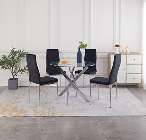 Moderna mesa de comedor redonda de cristal transparente de 90 cm con 4 elegantes sillas de terciopelo Monza (negro)