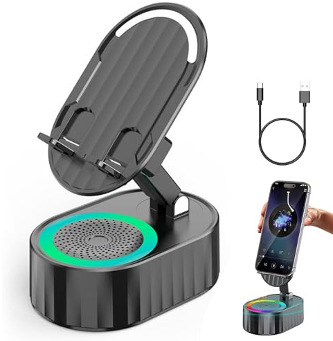 CHENRI Handyständer mit Induktionslautsprecher/Powerbank/Atmosphärenlicht, Bluetooth Lautsprecher mit Handyständer, Faltbarer Handyhalterung mit LED Licht, Geschenke für Frauen und Männer (Schwarz)