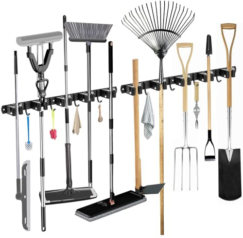 2 Stück Besenhalterung Wand, Gartengerätehalter aus Edelstahl | 10 Halter + 8 Haken Schwerlast Gerätehalter Selbstklebend, Besen Mop Halter Wandhalterung für Küche Badezimmer Garage Garten