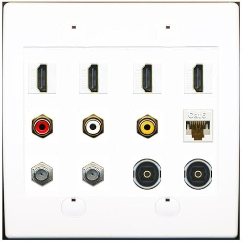 RiteAV 4 placas de pared HDMI 3 RCA 2 coaxiales 1 Ethernet CAT6 y 2 Toslink - Plana 2 Gang [Blanco]